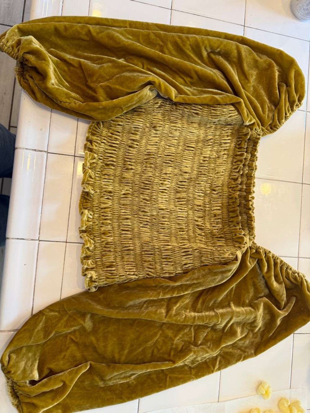 Anthropologie Mustard Velvet Smocked Off-Shoulder Top